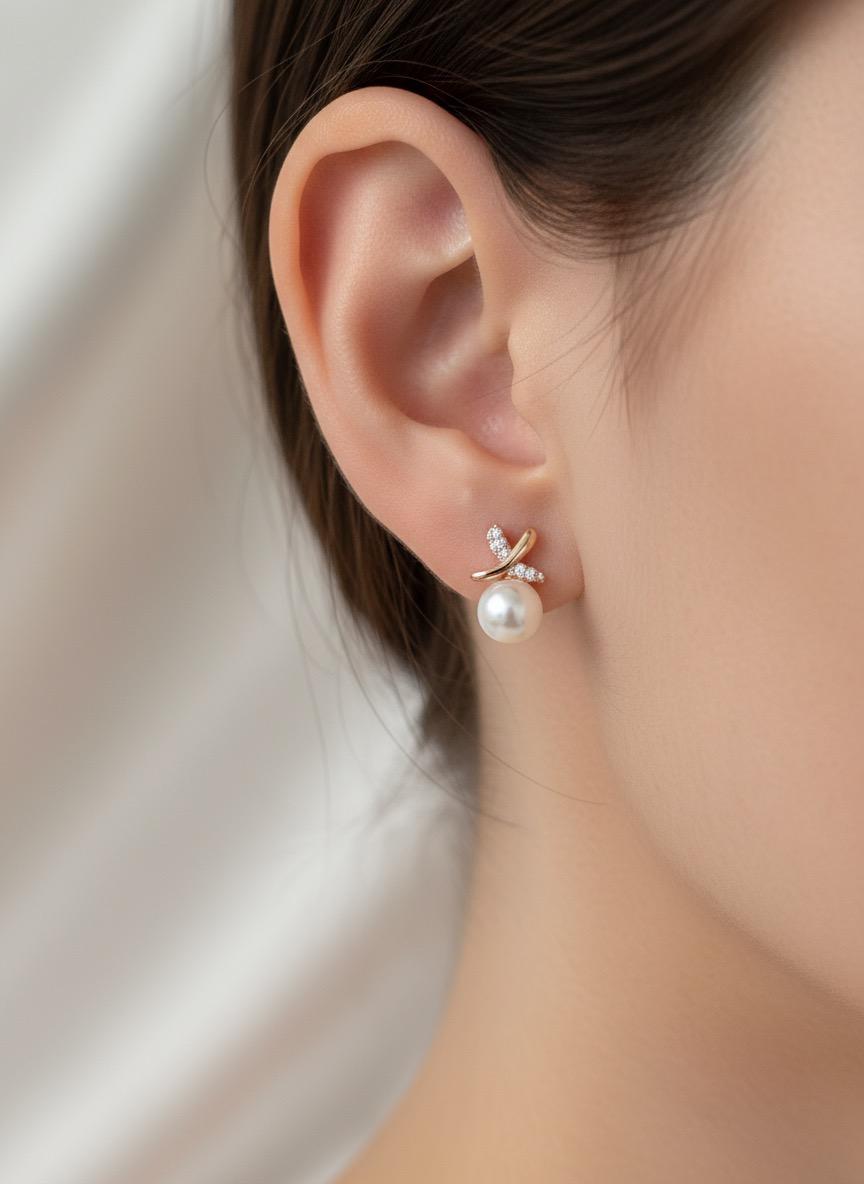 Korean Cross Pearl Rose Gold Stud Earrings