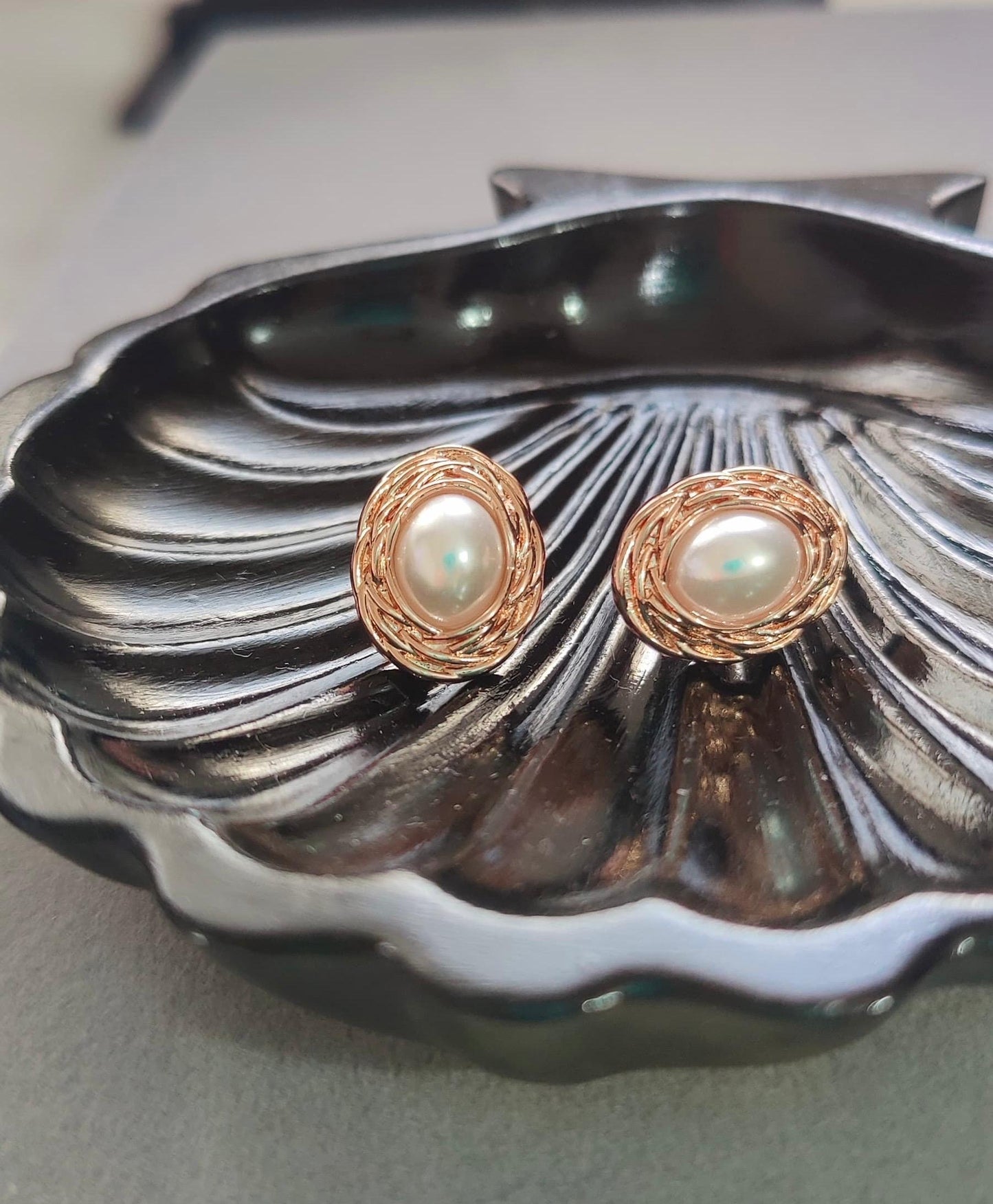 Gold Nested Pearl Rose Gold Stud Earrings