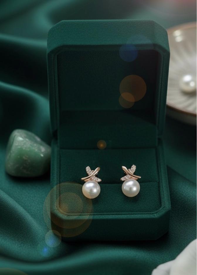 Korean Cross Pearl Rose Gold Stud Earrings