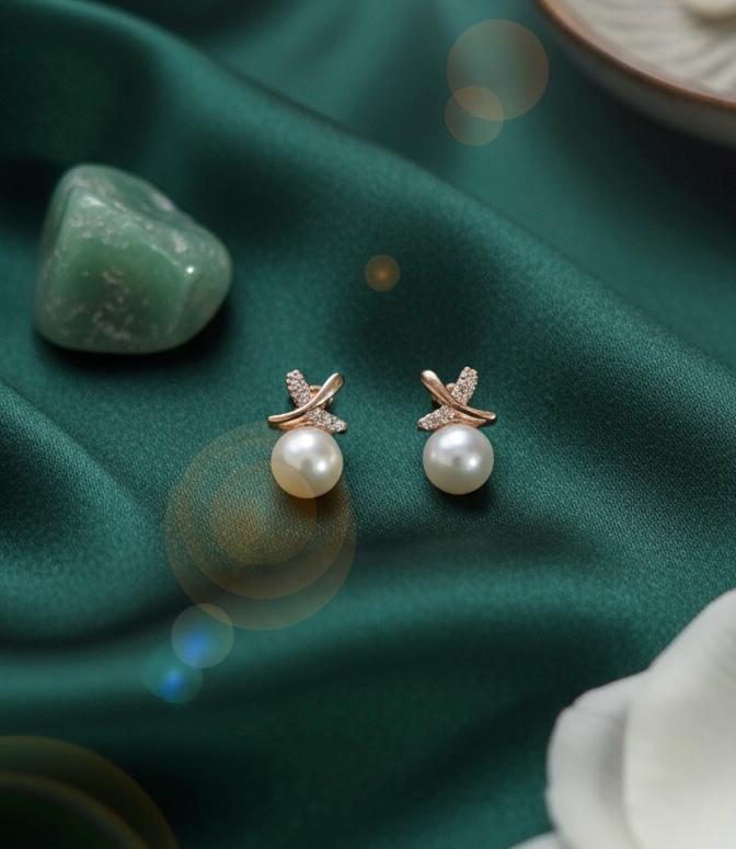 Korean Cross Pearl Rose Gold Stud Earrings