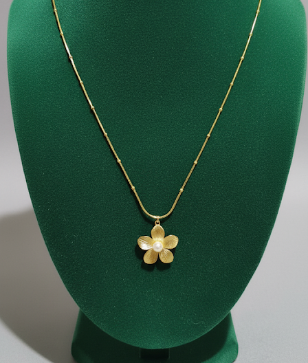 Gold Flower & Pearl Pendant Necklace