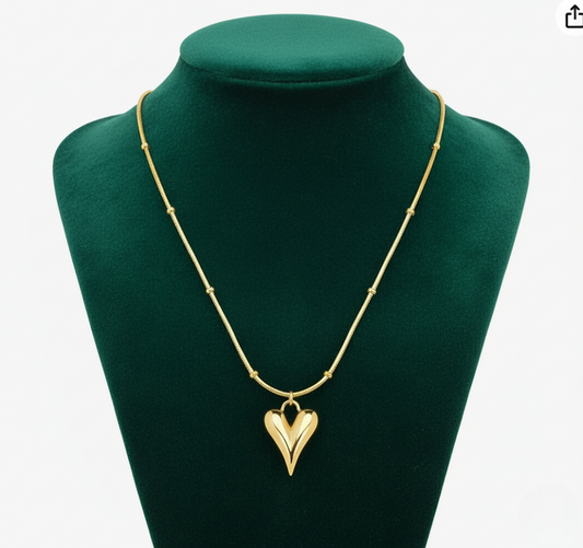 Golden Puffed Heart Pendant Necklace
